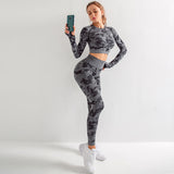 2 Pieces Seamless Yoga Leggings with Long Sleeve Crop Top Gym Set