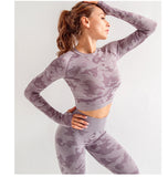 2 Pieces Seamless Yoga Leggings with Long Sleeve Crop Top Gym Set