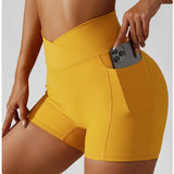 High Waisted Soft Ribbed Tummy Control Workout  Athletic Running Shorts With Pockets