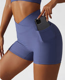 High Waisted Soft Ribbed Tummy Control Workout  Athletic Running Shorts With Pockets