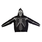 Oversized Rhinestone Skeleton Graphic Zip Up Hallowmas Hooded Sweatshirt Streetwear Jacket