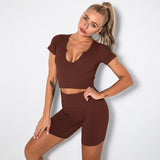 2 Piece Seamless Ribbed High Waist Shorts And Tops