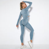Seamless Tie Dye Workout Long Sleeve Top Scrunch Butt Lift Yoga Pants Set