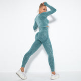 Seamless Tie Dye Workout Long Sleeve Top Scrunch Butt Lift Yoga Pants Set