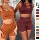 2 Piece Seamless Ribbed High Waist Shorts And Tops