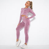 Seamless Tie Dye Workout Long Sleeve Top Scrunch Butt Lift Yoga Pants Set