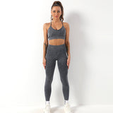 Popular fitness gym sport suit clothing tight leggings stretch seamless acid wash yoga wear set for women