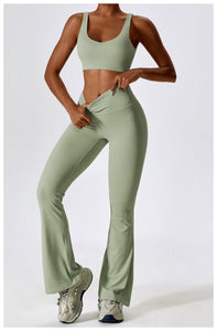 OEM High Stretchy Sports Bra Tummy Control Leggings Fitness Yoga Wide Flare Pants Set