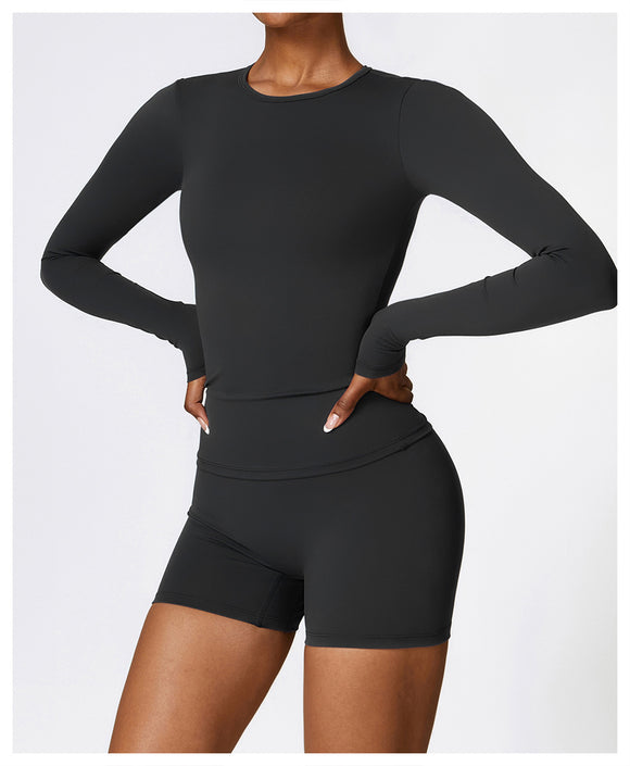 Wholesale 2 Pcs Sport Luxury Fall Gym Fitness Set Long Sleeve And Yoga Shorts Set