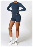 Wholesale 2 Pcs Sport Luxury Fall Gym Fitness Set Long Sleeve And Yoga Shorts Set