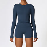 Wholesale 2 Pcs Sport Luxury Fall Gym Fitness Set Long Sleeve And Yoga Shorts Set