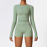 Wholesale 2 Pcs Sport Luxury Fall Gym Fitness Set Long Sleeve And Yoga Shorts Set