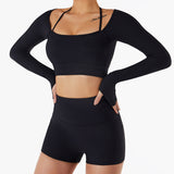 Wholesale Naked Feeling Long Sleeve Yoga Top Breathable Fitness Shorts Gym Fitness Set