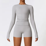 Wholesale 2 Pcs Sport Luxury Fall Gym Fitness Set Long Sleeve And Yoga Shorts Set