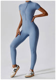 New Design Short Sleeve Front Zipper Women Fitness Jumpsuit Romper Activewear