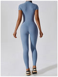 New Design Short Sleeve Front Zipper Women Fitness Jumpsuit Romper Activewear