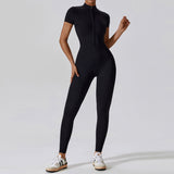 New Design Short Sleeve Front Zipper Women Fitness Jumpsuit Romper Activewear