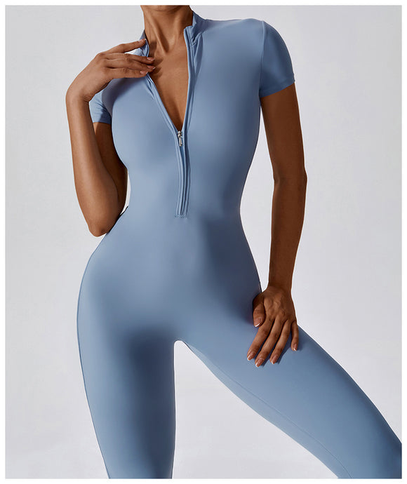 New Design Short Sleeve Front Zipper Women Fitness Jumpsuit Romper Activewear