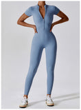 New Design Short Sleeve Front Zipper Women Fitness Jumpsuit Romper Activewear