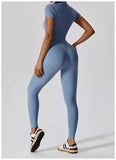 New Design Short Sleeve Front Zipper Women Fitness Jumpsuit Romper Activewear