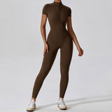 New Design Short Sleeve Front Zipper Women Fitness Jumpsuit Romper Activewear