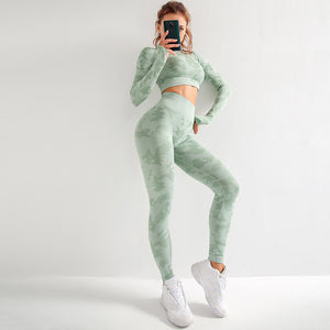 2 Pieces Seamless Yoga Leggings with Long Sleeve Crop Top Gym Set
