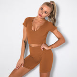 2 Piece Seamless Ribbed High Waist Shorts And Tops