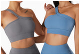  One Shoulder Ribbed Straps Athletic Yoga Bra  Sports Running Workout Top