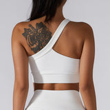  One Shoulder Ribbed Straps Athletic Yoga Bra  Sports Running Workout Top