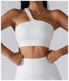  One Shoulder Ribbed Straps Athletic Yoga Bra  Sports Running Workout Top