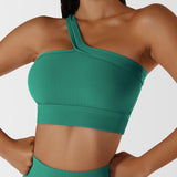 One Shoulder Ribbed Straps Athletic Yoga Bra  Sports Running Workout Top