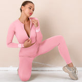  Seamless Gym Zipper Long Sleeve Tops High Waist Leggings Sets
