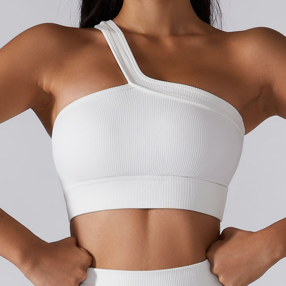  One Shoulder Ribbed Straps Athletic Yoga Bra  Sports Running Workout Top