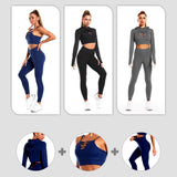 Workout Sets 3 Piece Long Sleeve Crop Tank Top + Sport Bra + Leggings