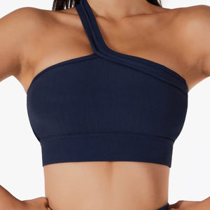  One Shoulder Ribbed Straps Athletic Yoga Bra  Sports Running Workout Top