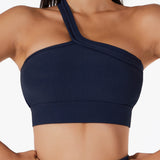  One Shoulder Ribbed Straps Athletic Yoga Bra  Sports Running Workout Top