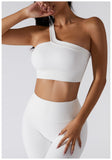  One Shoulder Ribbed Straps Athletic Yoga Bra  Sports Running Workout Top