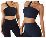  One Shoulder Ribbed Straps Athletic Yoga Bra  Sports Running Workout Top