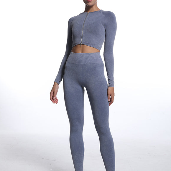 2 Piece Seamless Outfits Long Sleeve Crop Tops Leggings Active Gym Clothes