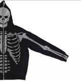 Oversized Rhinestone Skeleton Graphic Zip Up Hallowmas Hooded Sweatshirt Streetwear Jacket