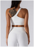  One Shoulder Ribbed Straps Athletic Yoga Bra  Sports Running Workout Top