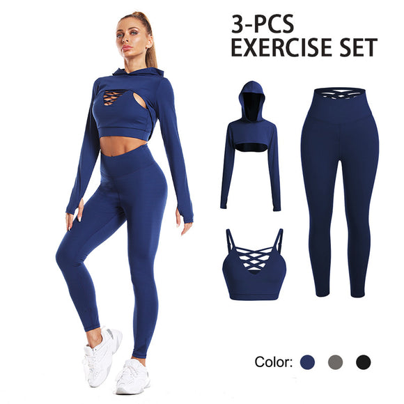 Workout Sets 3 Piece Long Sleeve Crop Tank Top + Sport Bra + Leggings