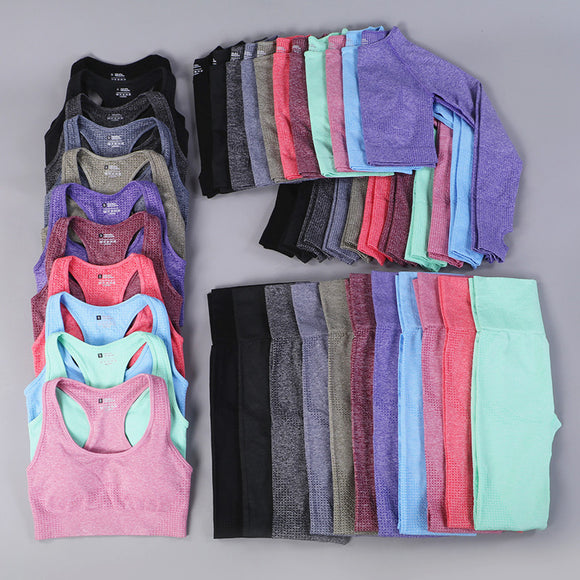 Free Sample Wholesale Seamless High Waisted Yoga Pants Ribbed Leggings And Crop Top Set 3 Pieces