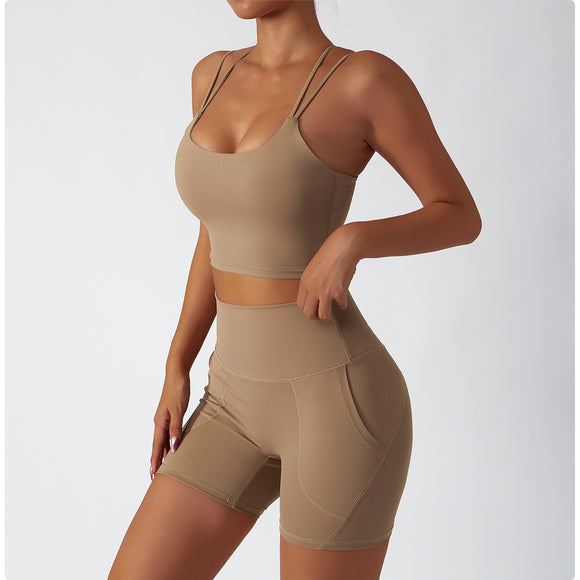 Recycled Material Strappy Back Bra And Leggings Short Set