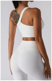  One Shoulder Ribbed Straps Athletic Yoga Bra  Sports Running Workout Top