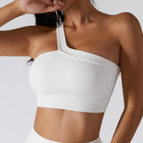  One Shoulder Ribbed Straps Athletic Yoga Bra  Sports Running Workout Top
