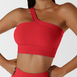  One Shoulder Ribbed Straps Athletic Yoga Bra  Sports Running Workout Top