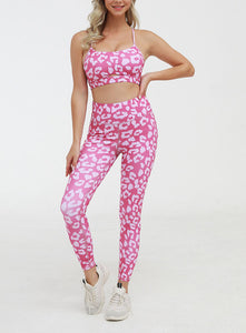 Athletic Leopard Print Leggings and Sports Bra Set Gym Clothes