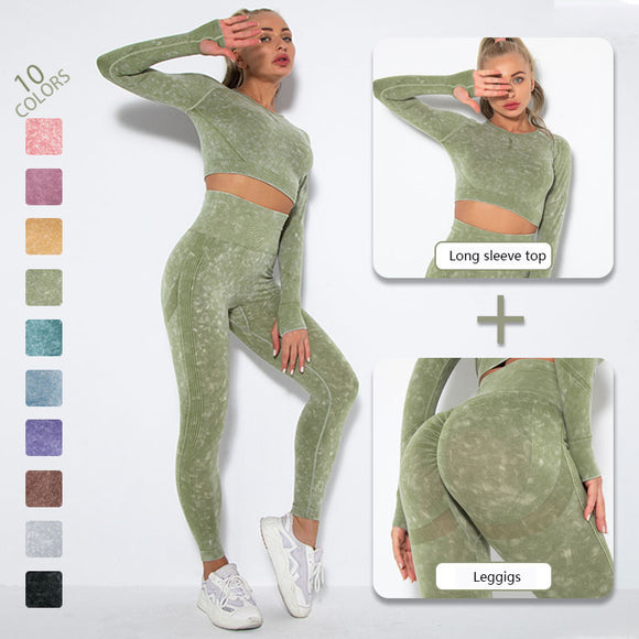  Seamless Tie Dye Workout Long Sleeve Top Scrunch Butt Lift Yoga Pants Set