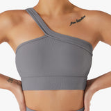  One Shoulder Ribbed Straps Athletic Yoga Bra  Sports Running Workout Top